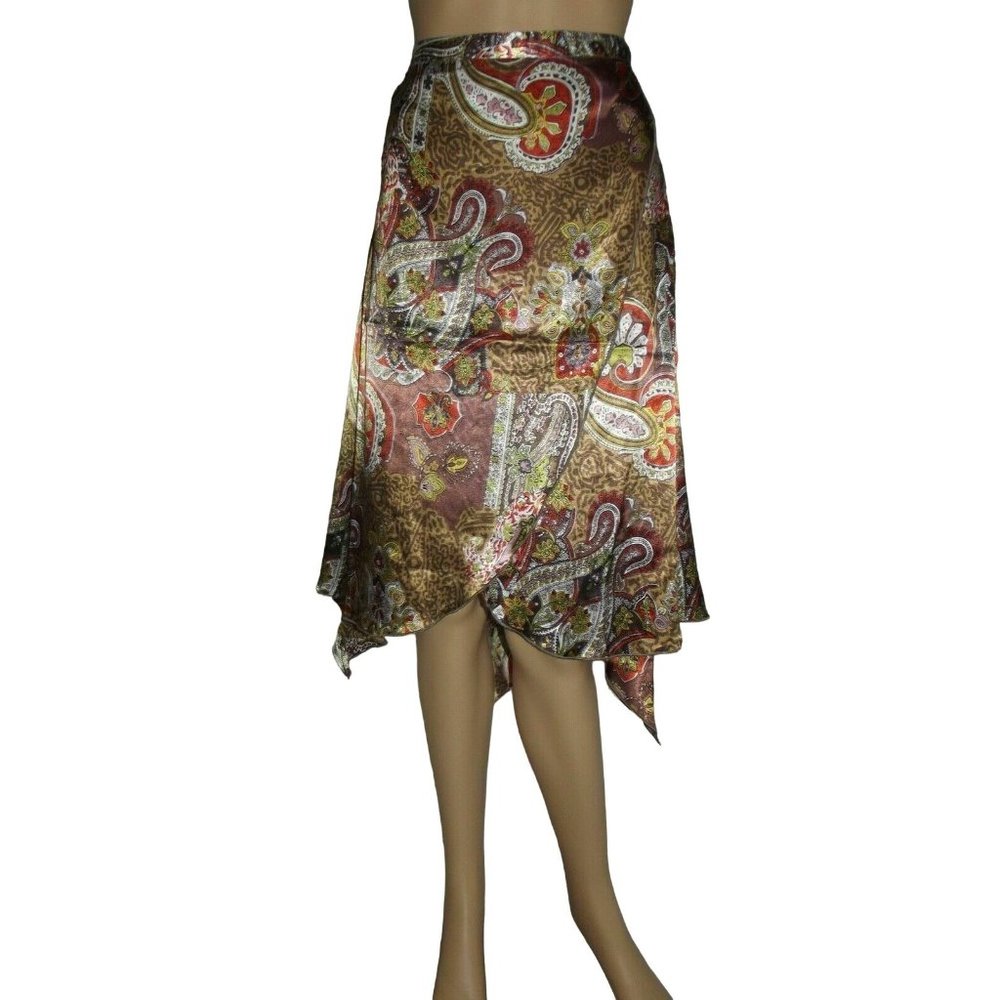Worthington Size 6P Satin Asymmetrical Wrap Skirt paisley tulip flounce hanky pe